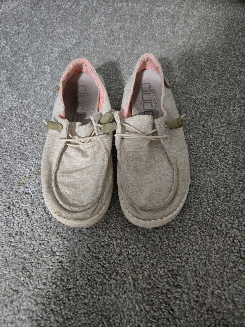 Womens Hey Dude Beige Canvas Slip-On Sneakers with Pink Lining